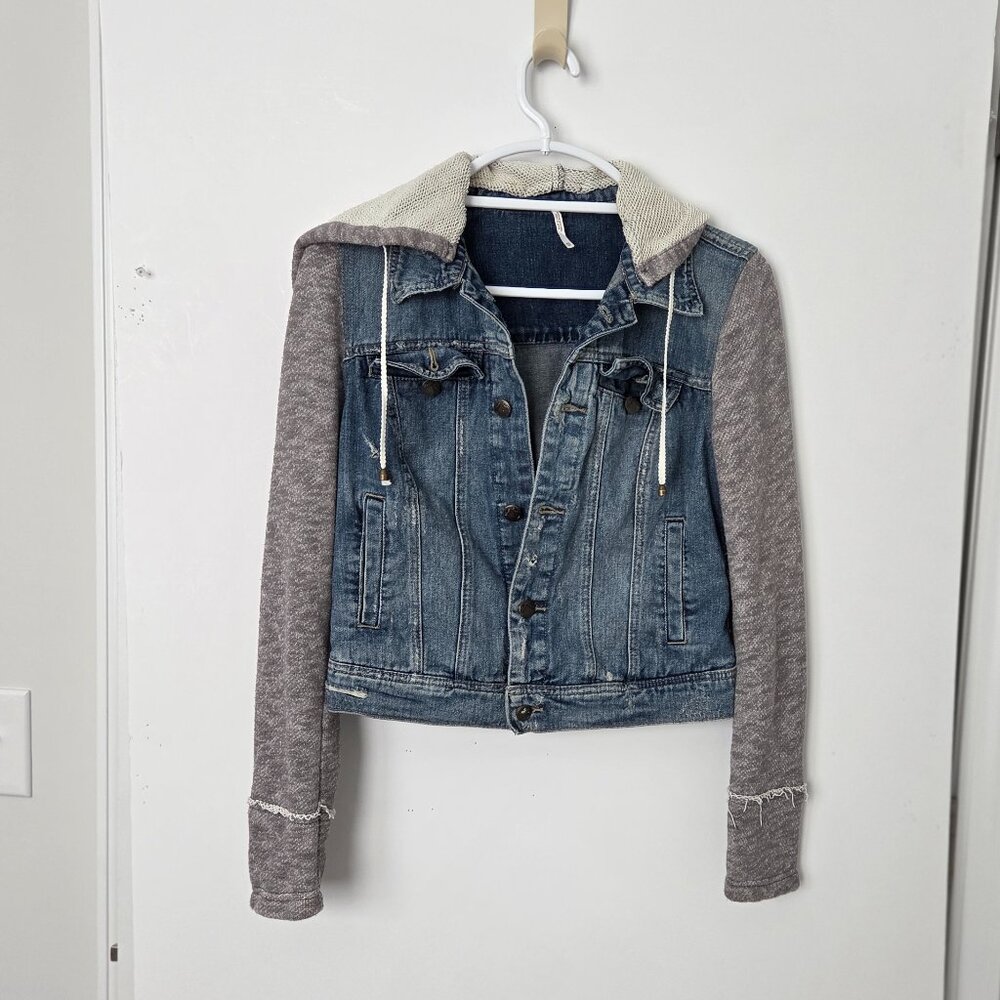 Free People Distressed Denim Jean Jacket Bohemian Women XS or Girls Sz 12